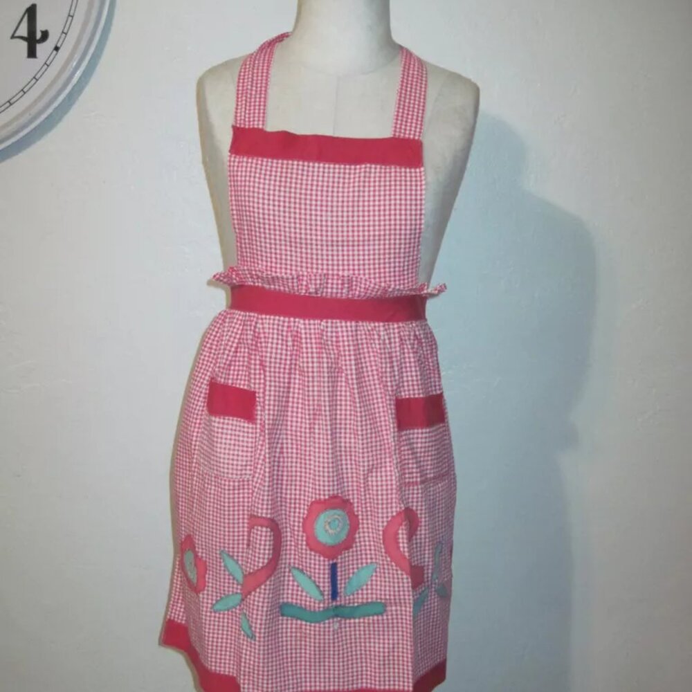 Vintage Child's Apron Red Gingham Checked Full Bib Apron Floral Appliques